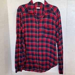 Hollister Women Red/Blue Plaid Flannel Long-Sleeve Button-Up Shirt